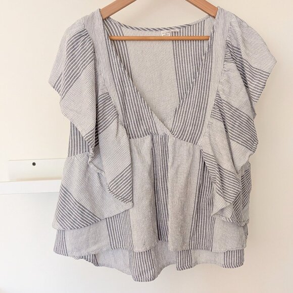 Melrose and Market 100% Cotton Deep V Chambray Striped Blue White Top Women XL - Picture 1 of 4